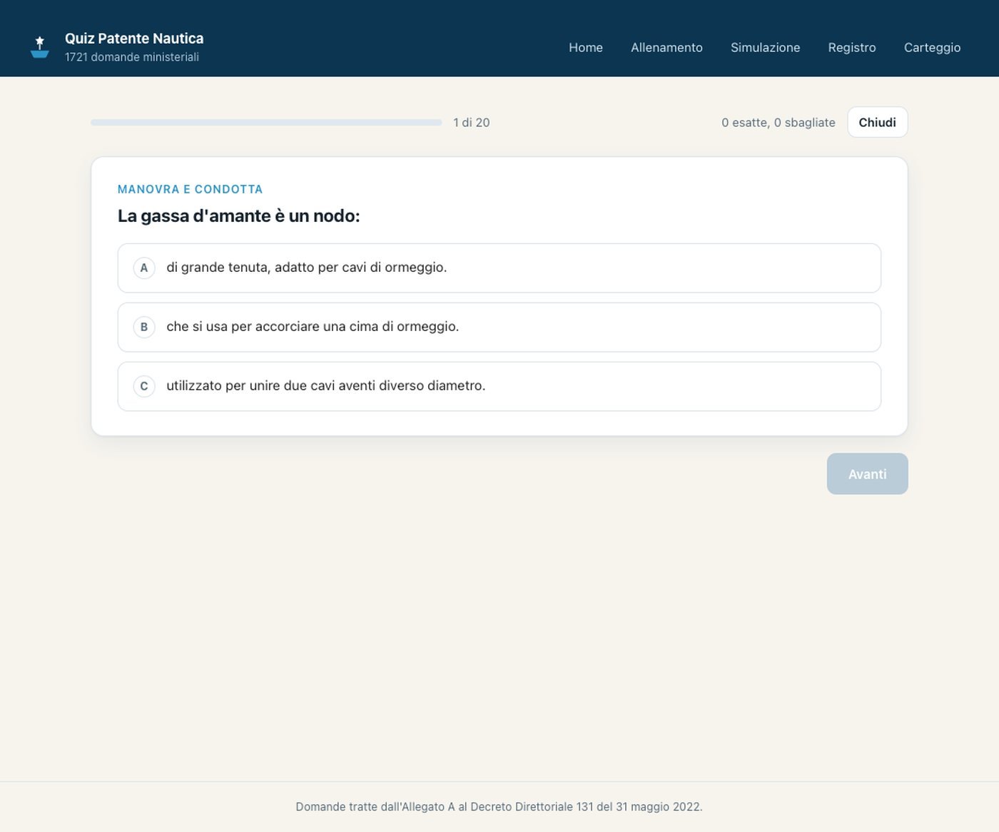 Schermata dell’app Quiz Patente Nautica con una domanda a risposta multipla dell’argomento Manovra e condotta